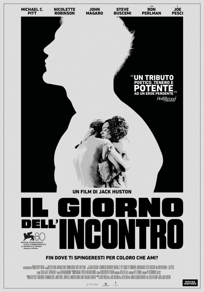 Locandina in bianco e nero del film Il Giorno dell&apos;Incontro di Jack Huston. Al centro, una coppia abbracciata con espressione intensa, mentre lo sfondo presenta il profilo di un volto umano. Il titolo è in caratteri grandi e audaci, con la tagline "Fin dove ti spingeresti per coloro che ami?". In alto, i nomi del cast principale, tra cui Michael C. Pitt, Ron Perlman e Joe Pesci.