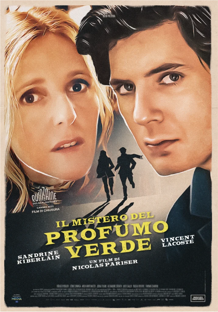 Poster del film “Il mistero del profumo verde” con i volti di Sandrine Kiberlain e Vincent Lacoste in primo piano, e la sagoma di due figure in fuga sullo sfondo.