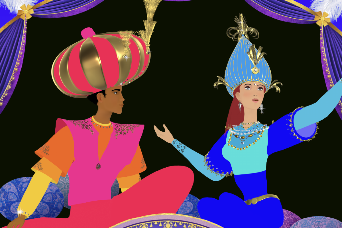 Il principe e la principessa, vestiti con abiti sontuosi e turbanti colorati, si guardano intensamente all’interno di una tenda decorata in stile orientale.