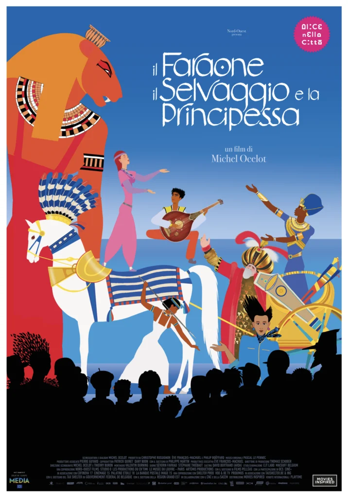 Poster illustrato del film “Il Faraone, il Selvaggio e la Principessa” di Michel Ocelot, con personaggi e ambientazioni colorate ispirate all’antico Egitto, al Medioevo francese e all’Oriente ottomano.