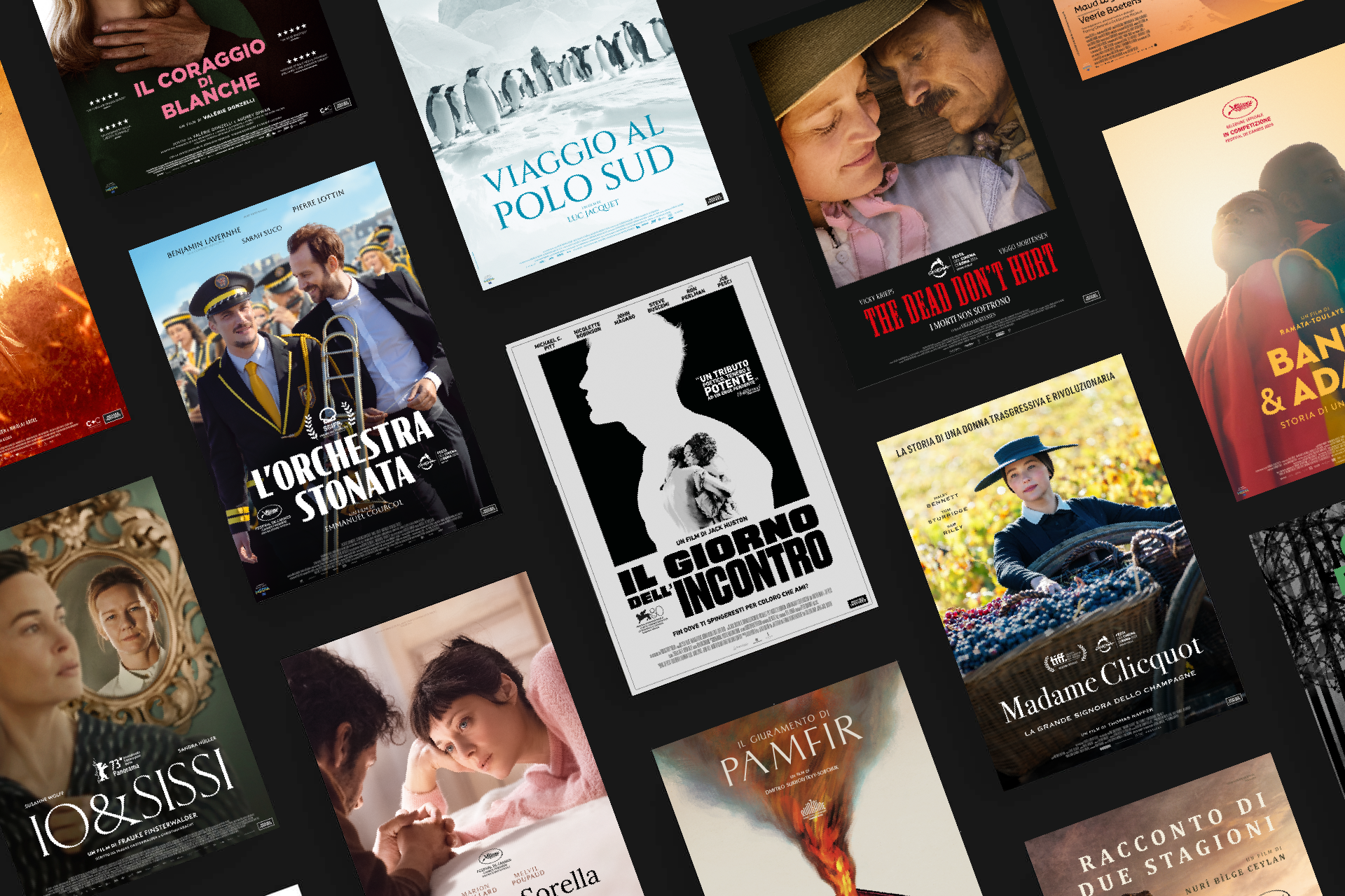 Collage di locandine di film distribuiti da Movies Inspired, tra cui “L’Orchestra Stonata”, “L’Uomo nel Bosco”, “Armand”, “Il Giorno dell’Incontro” e altri titoli in arrivo nei cinema italiani.