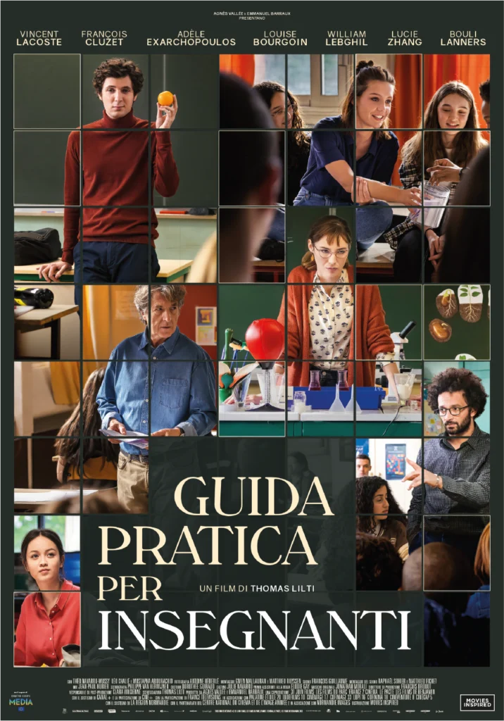 Poster del film “Guida pratica per insegnanti” con i volti dei protagonisti, tra cui Vincent Lacoste, François Cluzet, Adèle Exarchopoulos e altri membri del cast, suddivisi in riquadri che evocano l’ambiente scolastico.